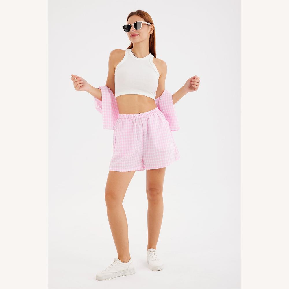 Ensemble Femme Vichy Deux Pièces – Chemise Ample et Short Élastique en Coton Léger pour l'Été