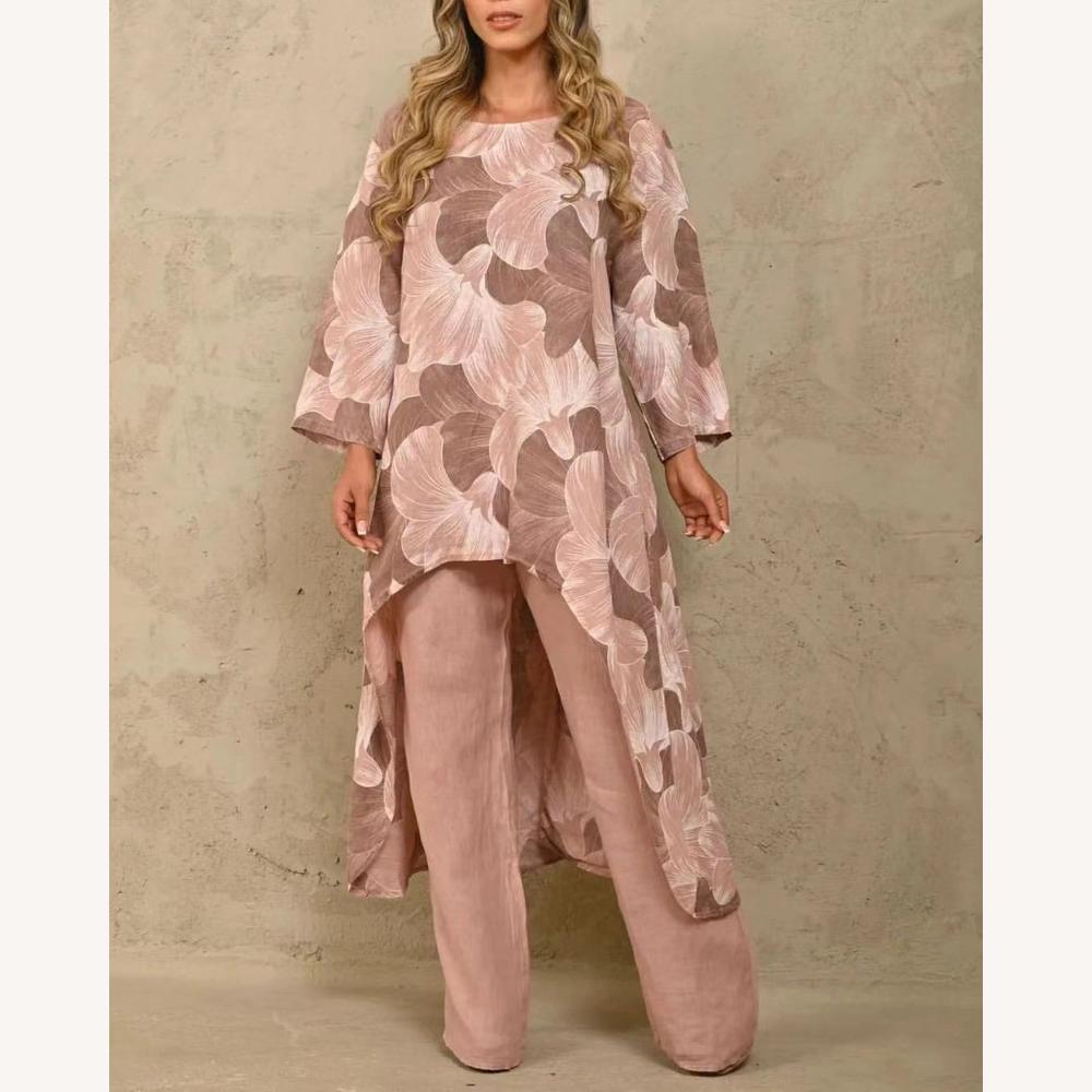 Ensemble Femme en Lin Léger avec Tunique Asymétrique et Pantalon Large – Style Décontracté et Élégant