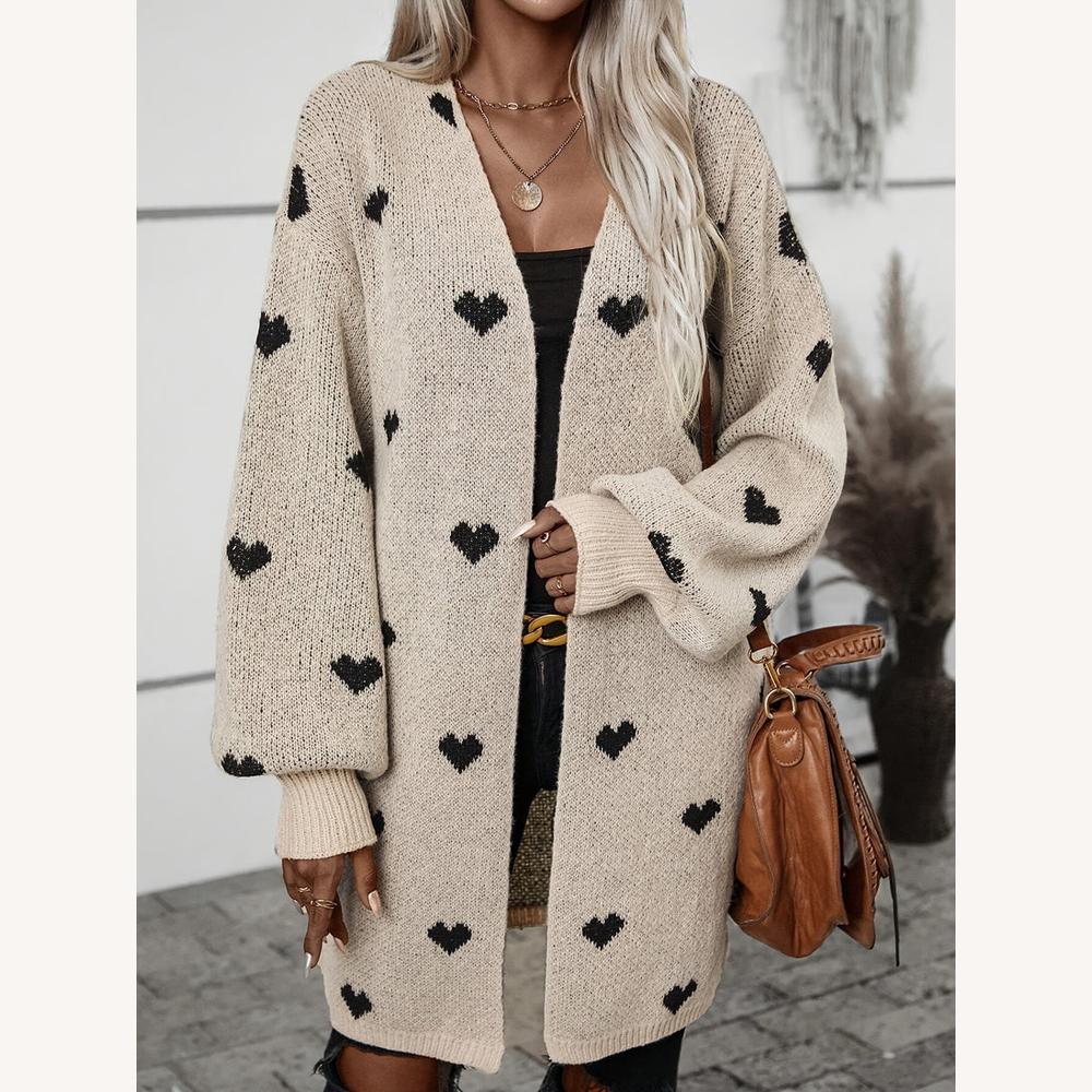 Long Women's Cardigan in Soft Knit with Black Heart Pattern – Comfortable and Casual for Autumn-Winter