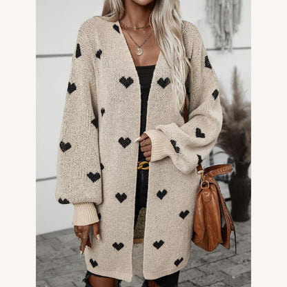 Long Women's Cardigan in Soft Knit with Black Heart Pattern – Comfortable and Casual for Autumn-Winter