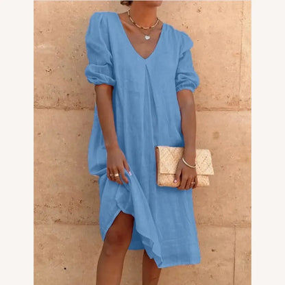 Women's Long Linen Dress with V-Neck - Casual Elegance for Summer, Comfortable and Light
