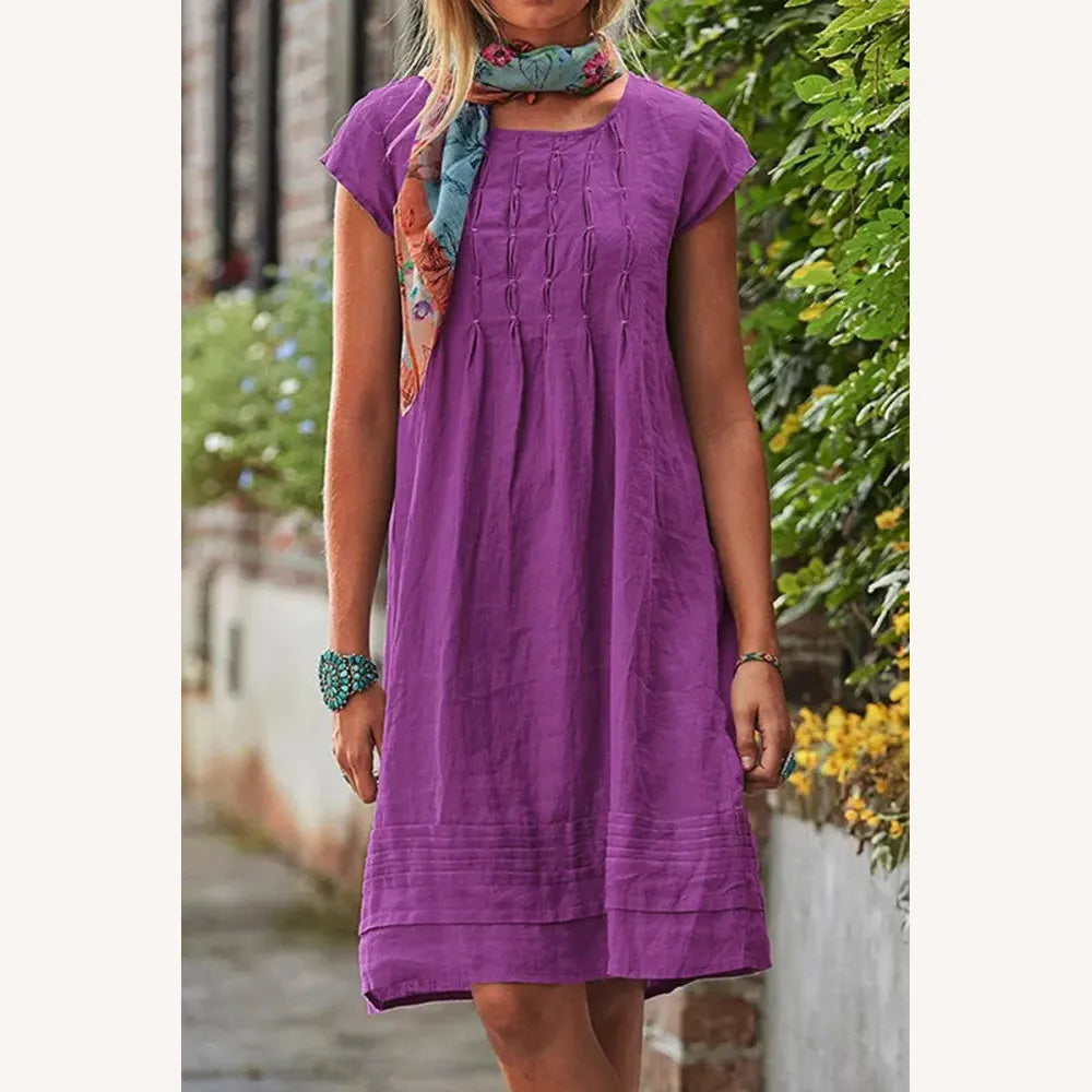 Women's Casual Short Sleeve Solid Patchwork Dress with U-Neckline – Elegant and Comfortable