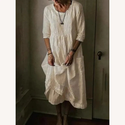 Long Women's Dress with Crew Neck in Blended Linen, Elegant and Comfortable, 3/4 Sleeves – Ideal for Spring and Summer