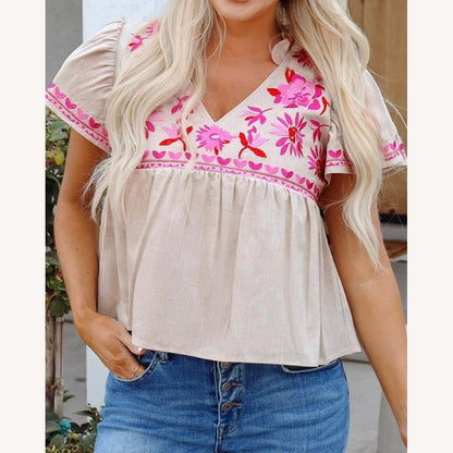 Women's Light Beige Blouse with Pink Floral Embroidery, V-Neck, Breathable Fabric – Ideal for Sunny Days