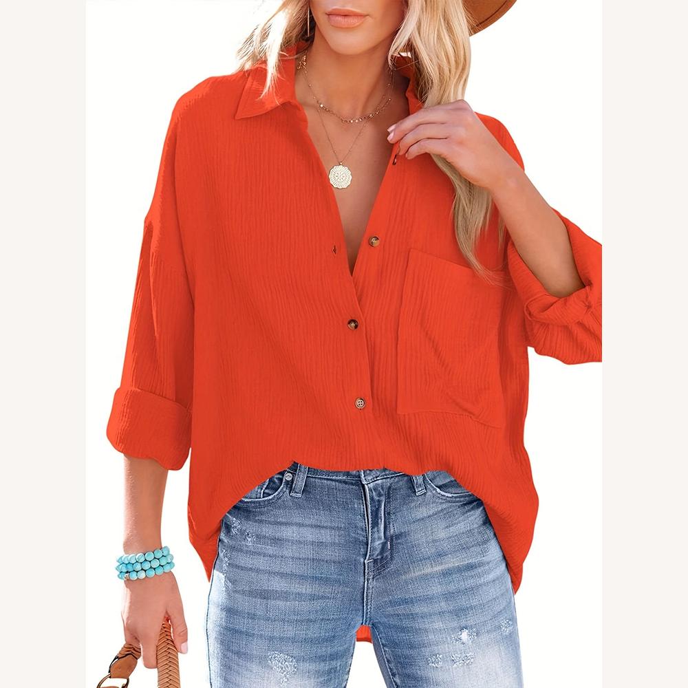 Chemise Femme Décontractée en Coton Magenta, Manches Longues Retroussables, Texture Gaufrée