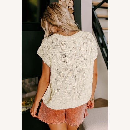 Women's Open Knit Top V-Neck Light and Loose – Textured Beige Sweater for Mid-Season