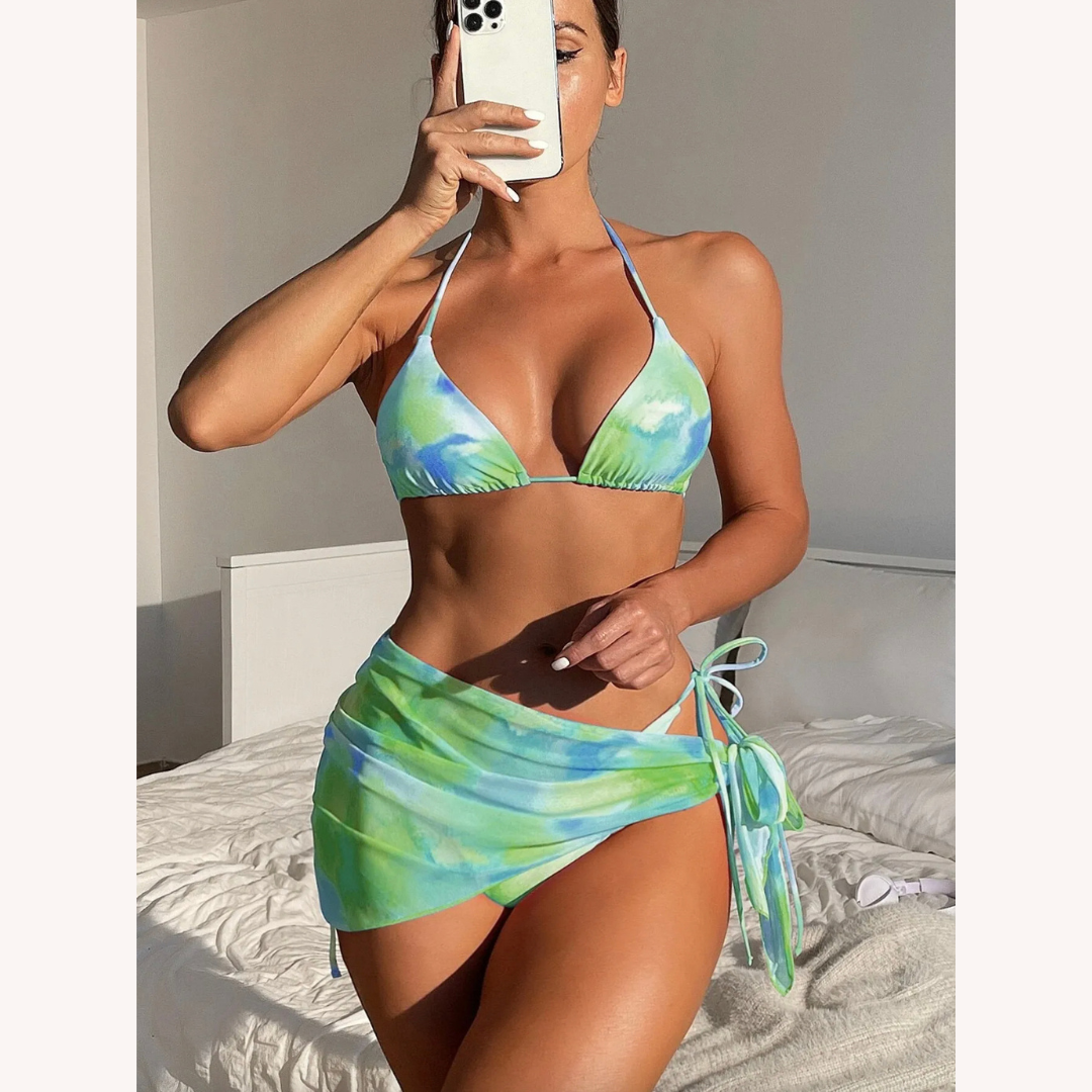 Women's Boho Tie-Dye Three-Piece Swimsuit Set with Matching Skirt – Comfortable Polyester, S, M, L