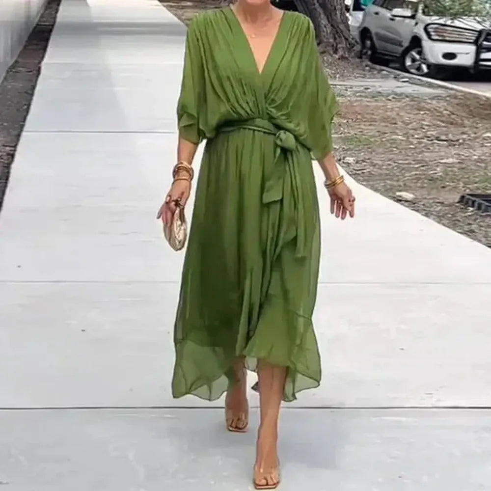 Robe d'Été Longue Femme Chic avec Ceinture et Ourlet Asymétrique en Tissu Léger