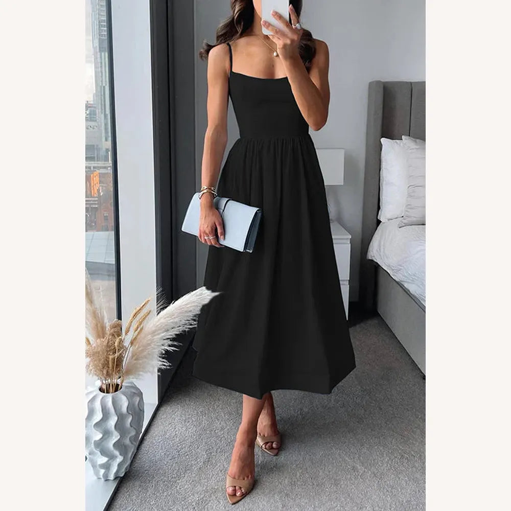 Women's Midi Fitted Dress with Spaghetti Straps – Elegant and Comfortable in Polyester