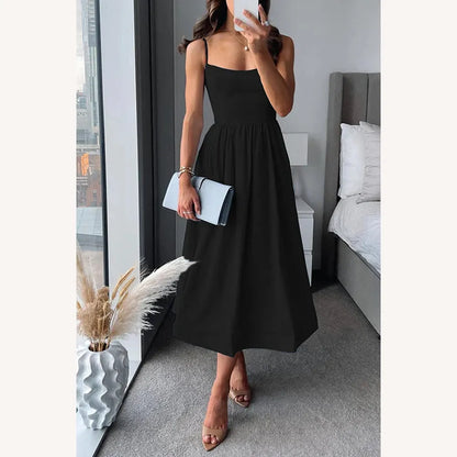 Women's Midi Fitted Dress with Spaghetti Straps – Elegant and Comfortable in Polyester