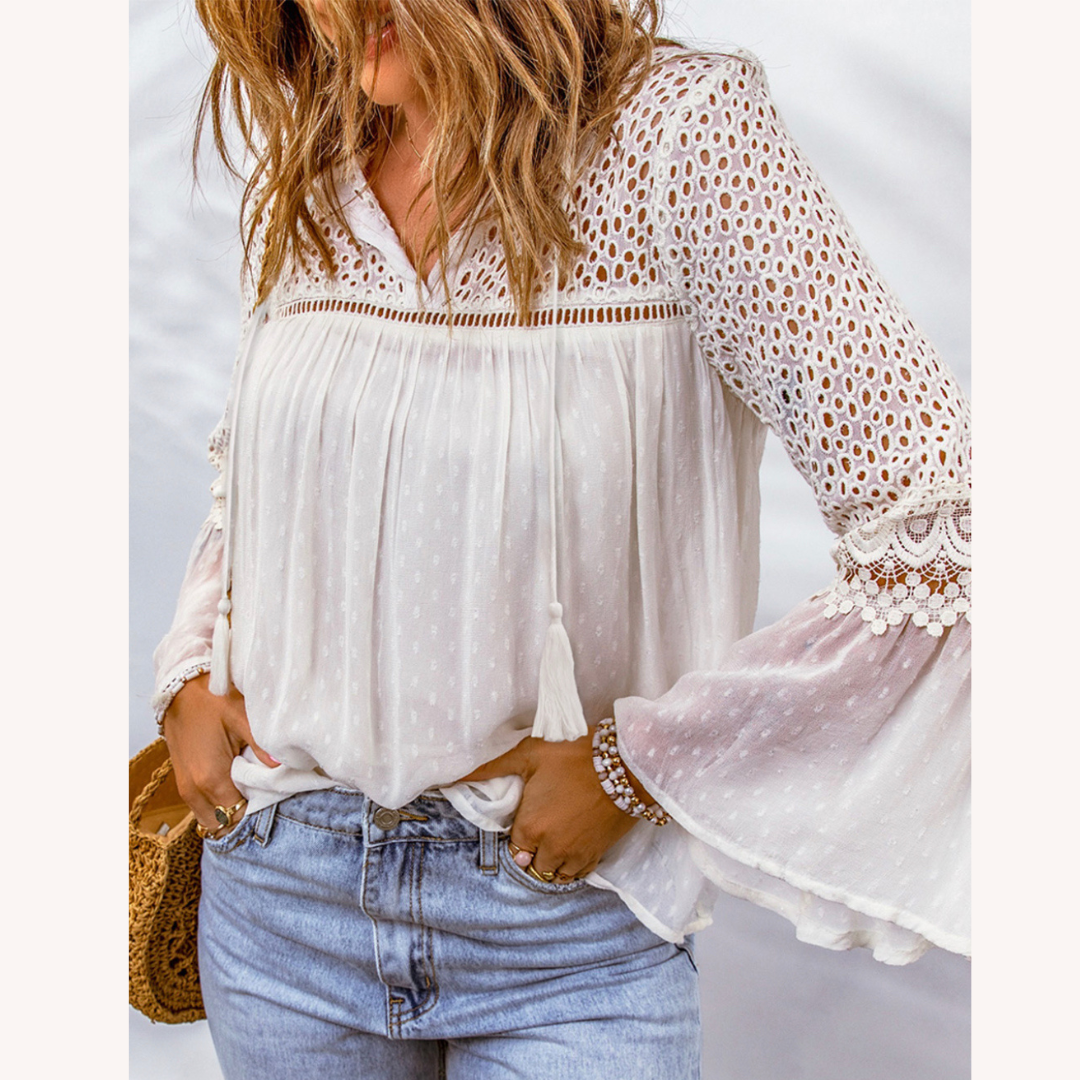 Blouse Femme en Crochet Boho Chic - Tissu Léger et Confortable pour l'Été, Coupe Décontractée, Disponible en S à XL