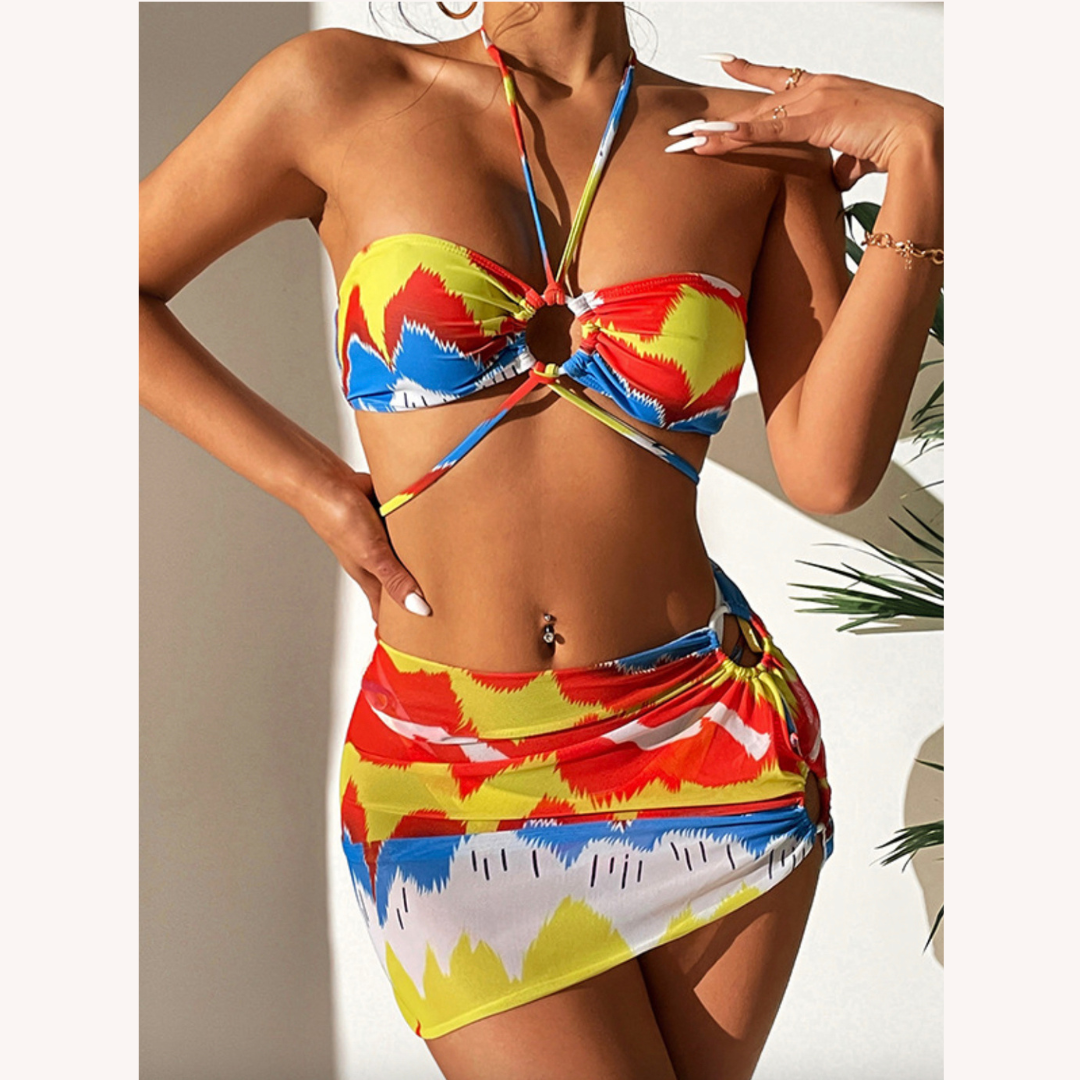 Women's Colorful Three-Piece Swimsuit Set with Bikini Top and Matching Bottom – Boho Summer Style
