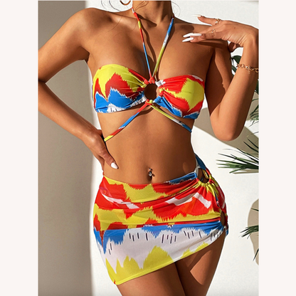 Women's Colorful Three-Piece Swimsuit Set with Bikini Top and Matching Bottom – Boho Summer Style