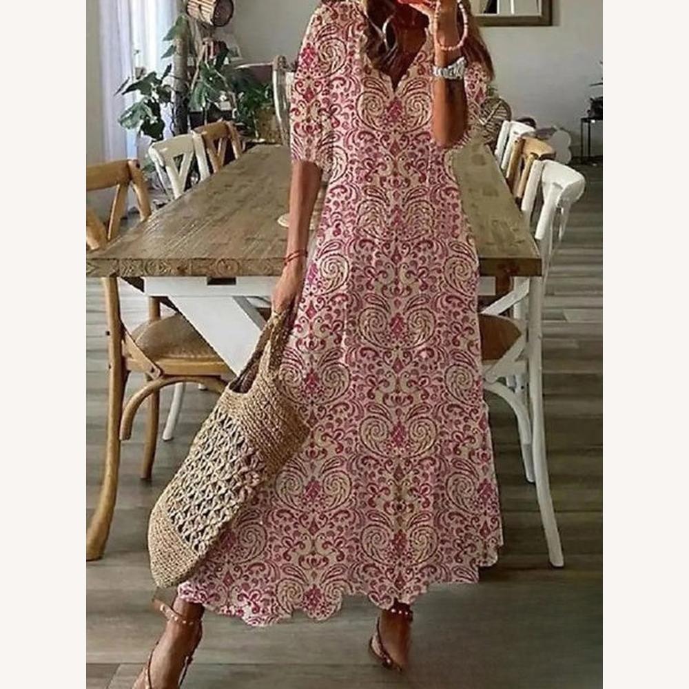 Robe Longue Femme Bohème Colorée avec Encolure en V et Manches Moyennes – Élégance pour Soirées et Occasions Spéciales