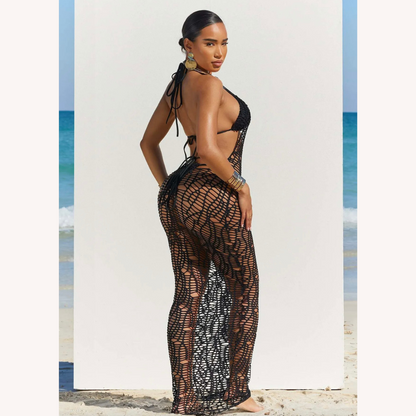 Elegant Long Women's Crochet Maxi Dress for Summer – Fitted Silhouette, Ideal for Beach and Evenings