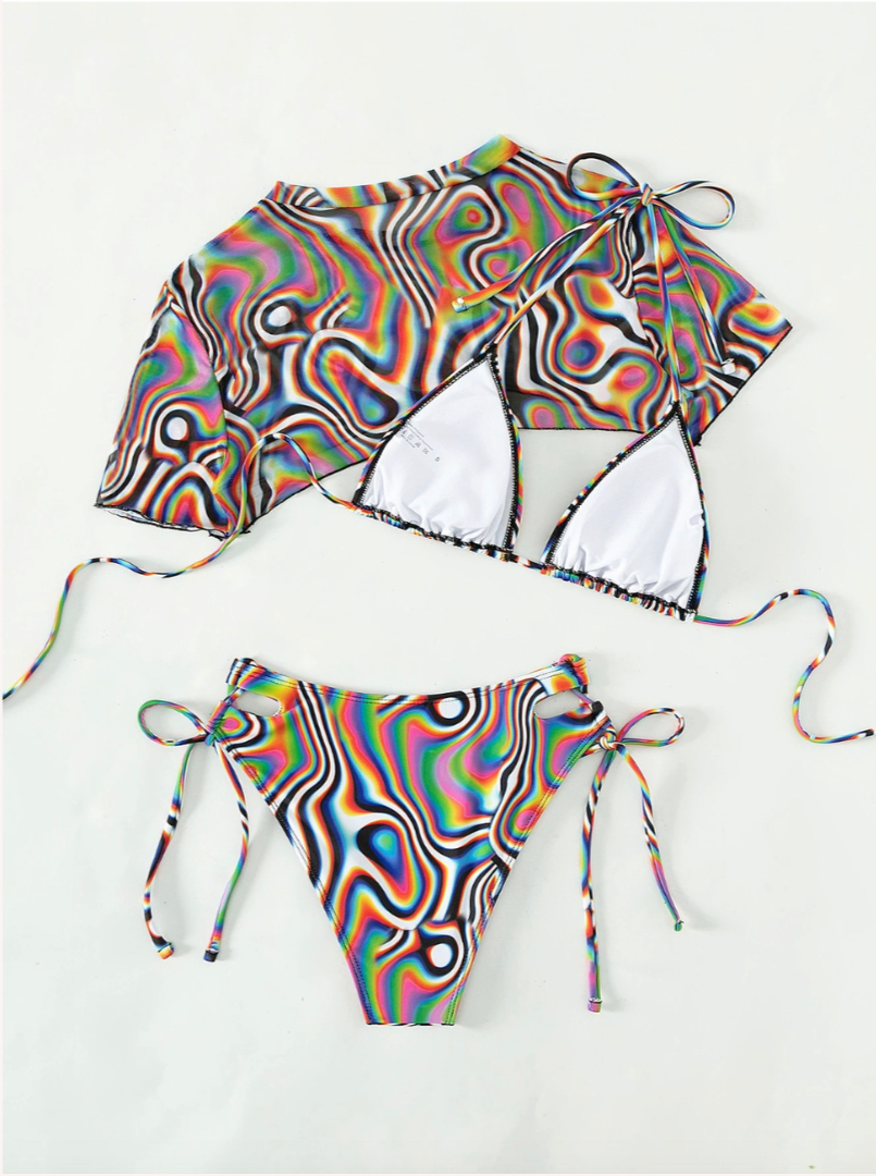 Maillot de Bain Femme 3 Pièces Imprimé Tourbillon – Style Bohème Chic, Confort Été, Tissu Respirant