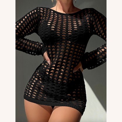 Boho Chic Beach Cover with Hollow Cutout and Checkered Texture – Elegant and Comfortable for Women