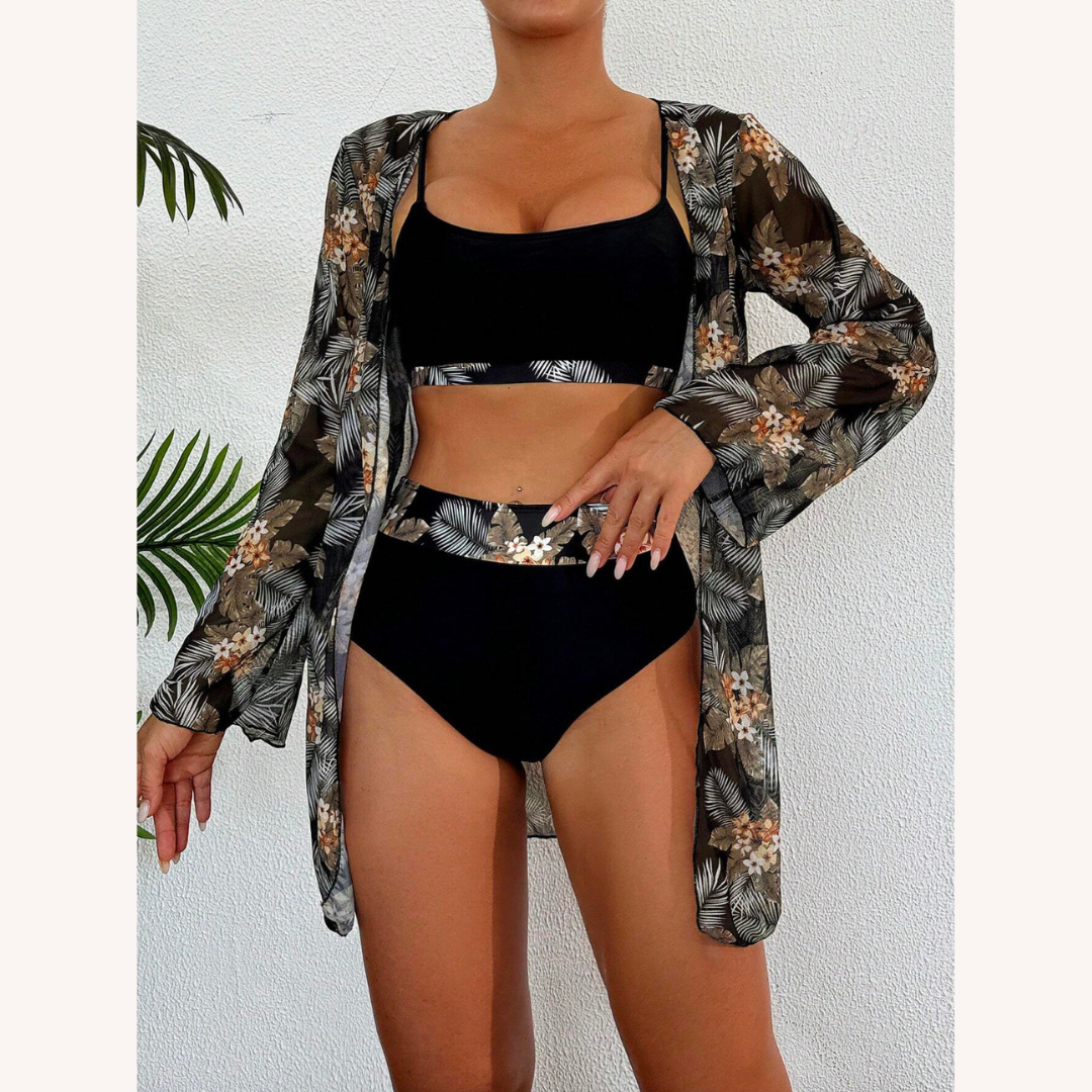 Women's Three-Piece High-Waisted Swimsuit with Long-Sleeve Blouse – Boho Chic Floral Style
