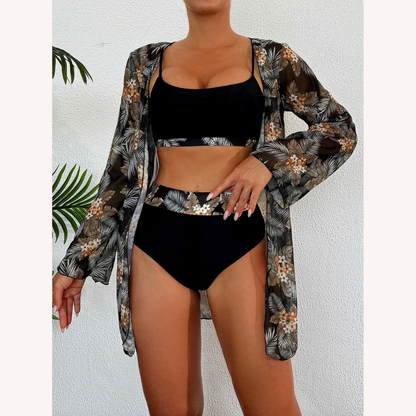 Women's Three-Piece High-Waisted Swimsuit with Long-Sleeve Blouse – Boho Chic Floral Style
