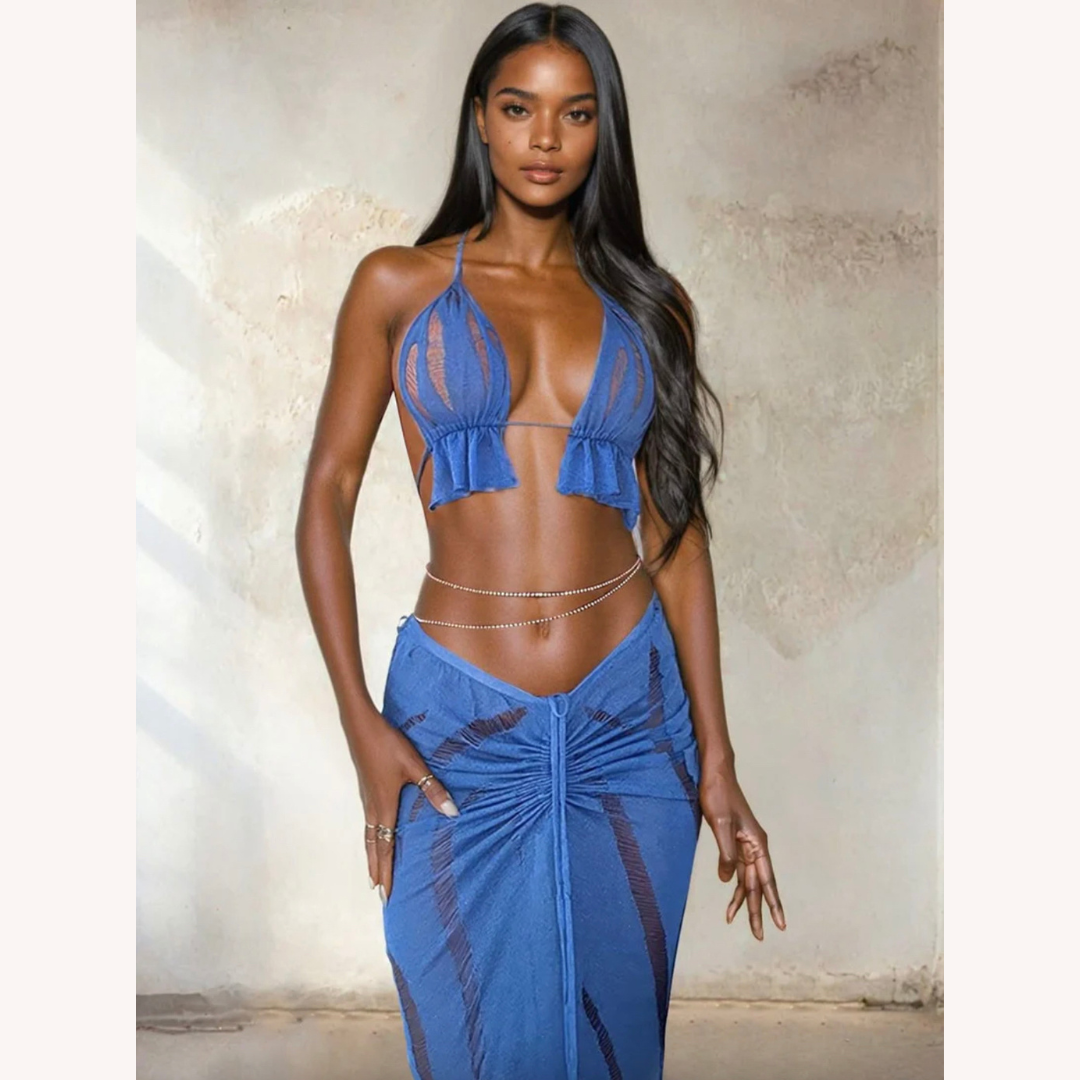 Ensemble Sexy à Lacets Sans Dos avec Détails à Volants pour Femme – Décolleté Licou, Ajustement Slim, Parfait pour l'Été
