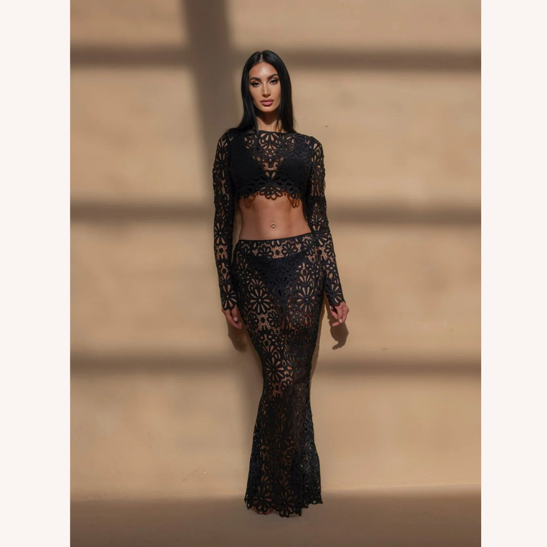 White Crochet Lace Set for Women – Long Sleeve Crop Top and Boho Chic Maxi Skirt