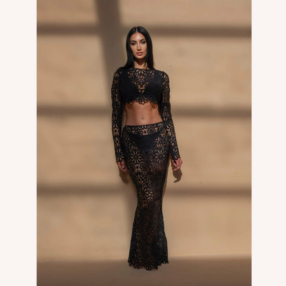 White Crochet Lace Set for Women – Long Sleeve Crop Top and Boho Chic Maxi Skirt