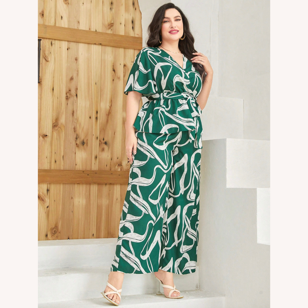 Ensemble Deux Pièces Femme Imprimé Abstrait Vert – Haut Cintré et Pantalon Large Taille Plus, Confort et Élégance