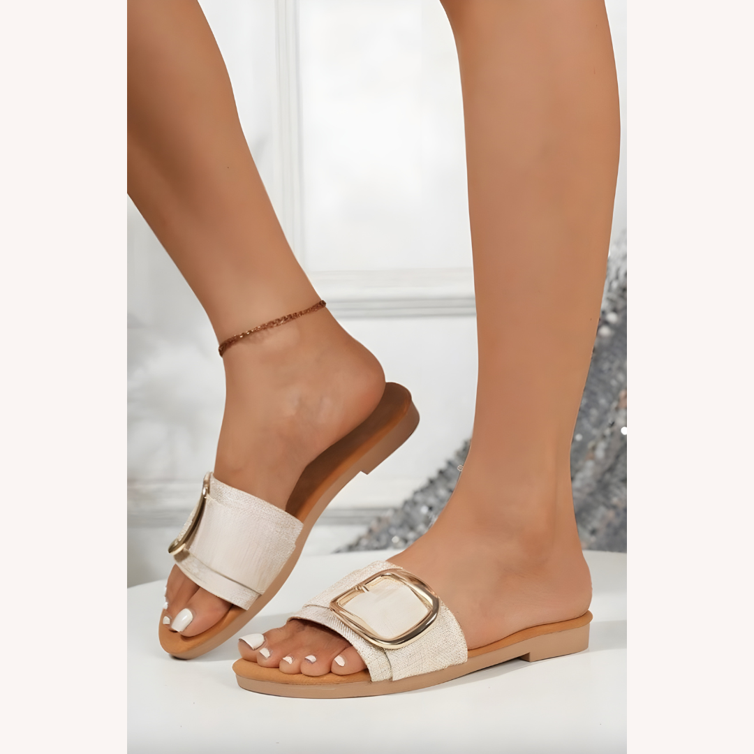 Women's Beige Sandals Size 38 Textile with Oversize Buckle and Padded Sole