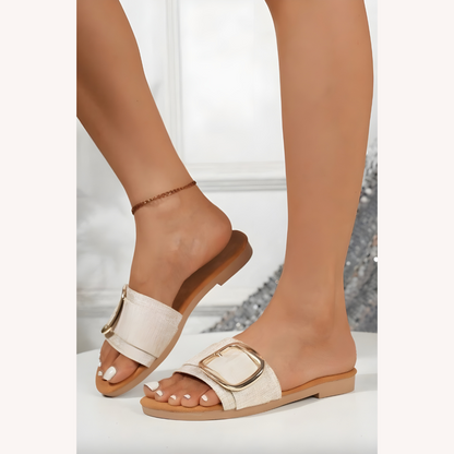 Women's Beige Sandals Size 38 Textile with Oversize Buckle and Padded Sole