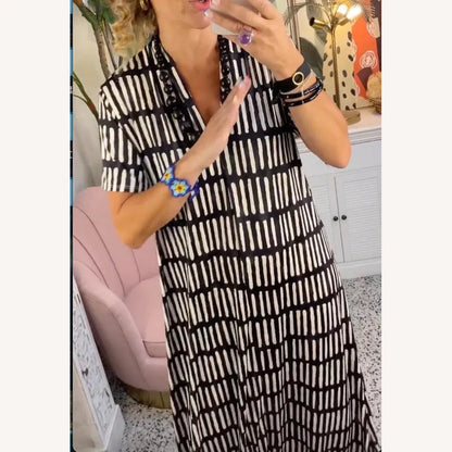 Elegant Long Women's Dress with Short Sleeves and V-Neck – Long Summer Evening Dress