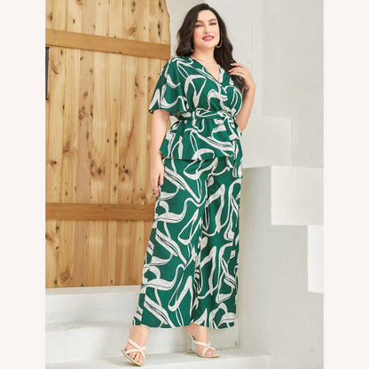 Women's Two-Piece Set Abstract Green Print – Fitted Top and Wide Leg Pants Plus Size, Comfort and Elegance