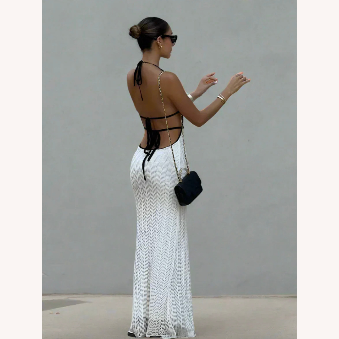 Robe Longue Femme Halter en Crochet Blanc – Élégance Été pour Mariages et Soirées