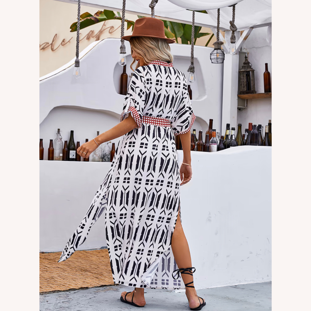 Cardigan de Plage Imprimé Boho avec Détail Ceinturé – Élégance d'Été pour Femme, Manches 1/2, Polyester Léger