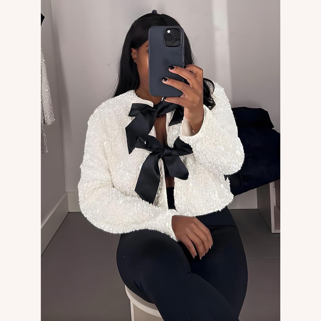 Veste Femme Chic à Nœuds Satinés - Blazer Élégant en Polyester Texturé, Design Ouvert, Idéal pour Soirées et Bureau