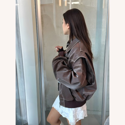 Women's Oversized Bomber Jacket Red Size M Vegan Faux Leather