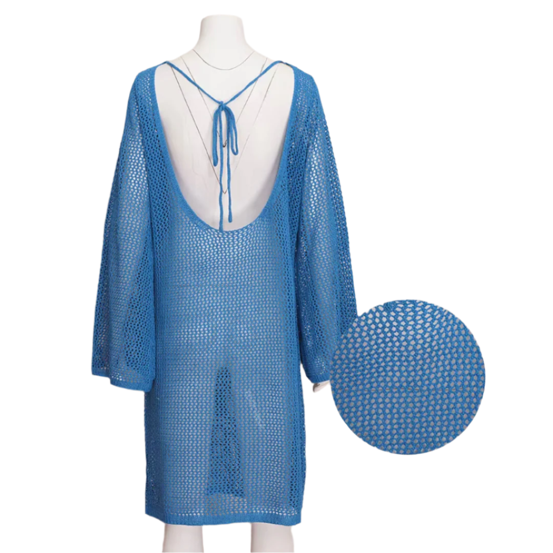 Women's Backless Beach Dress in Polyester Jersey with Wing Sleeves – Boho Elegance for Beach Outfit