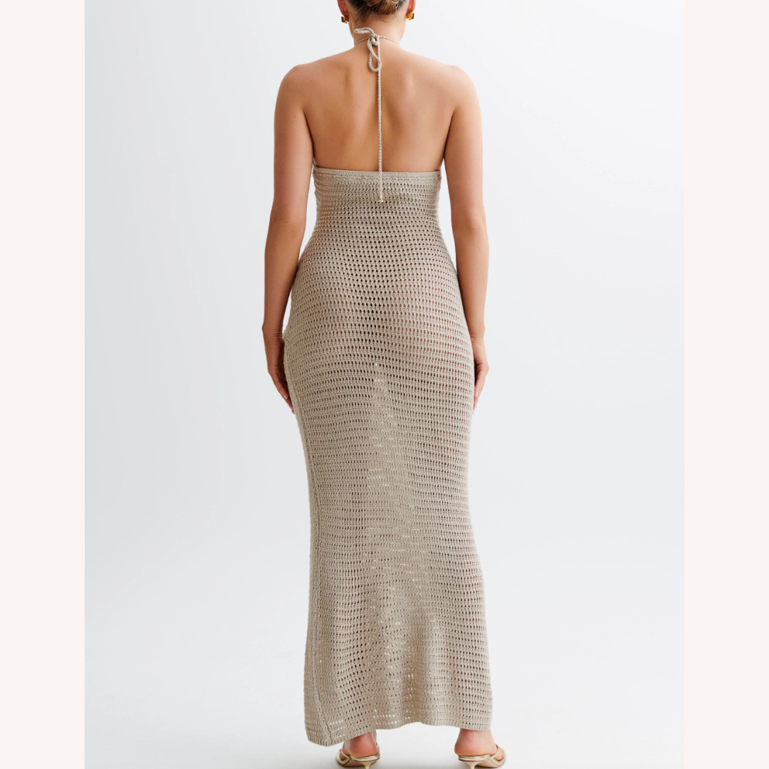 Robe Longue Femme en Crochet Bleu – Élégante Robe Maxi Bohème d'Été avec Détails Flottants