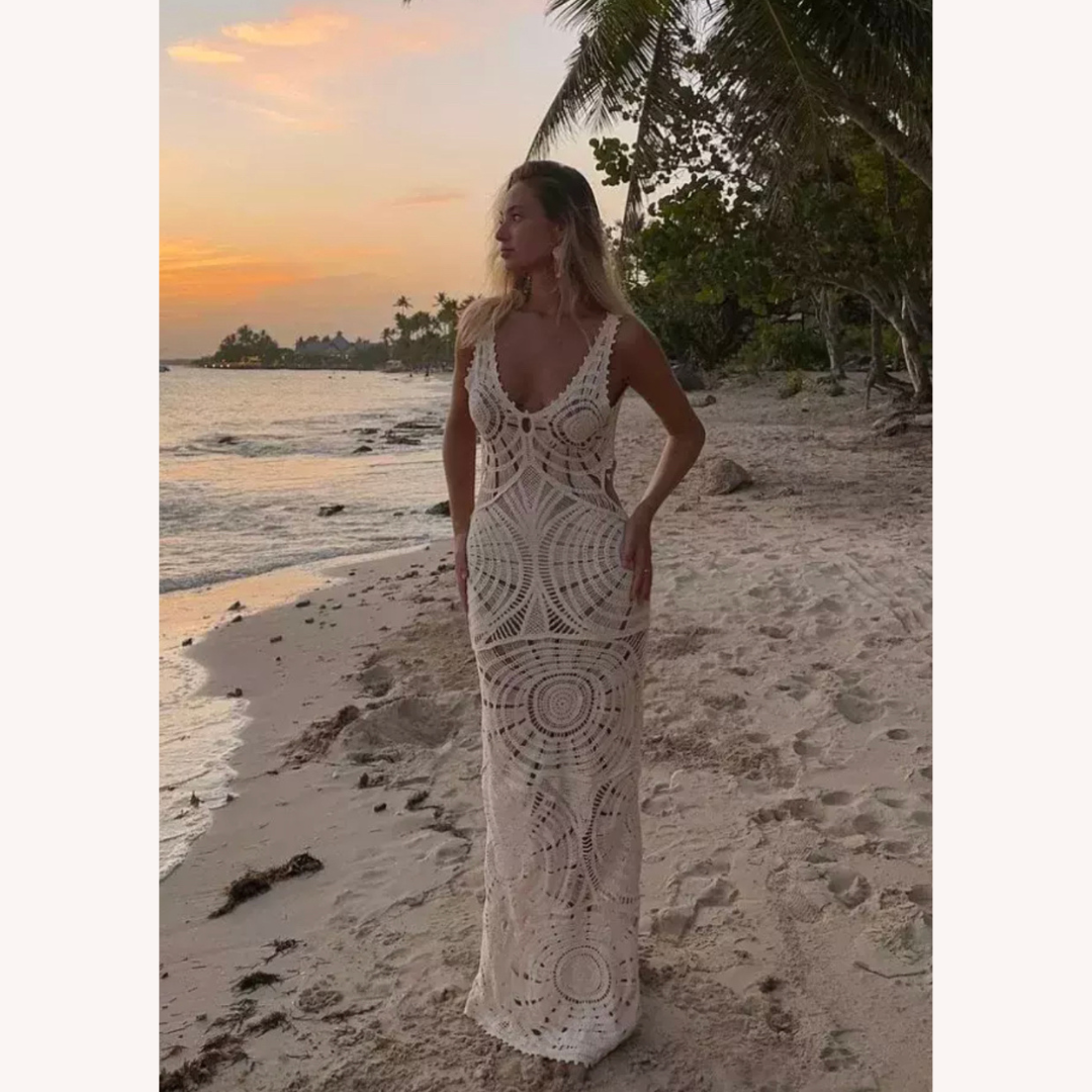 Women's White Midi Dress in Ethereal Crochet with V-Neckline – Bohemian Elegance