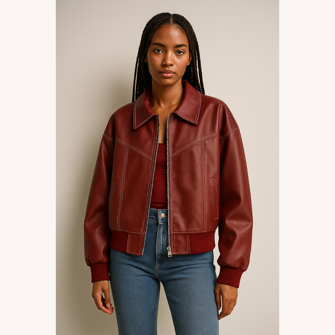 Veste Femme Bomber Oversize Rouge Taille M Similicuir Vegan