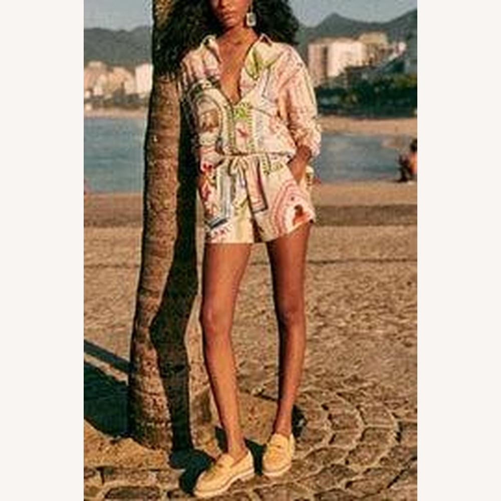 Chemise Femme Oversize Imprimée en Lin et Coton, Motifs Rétro Multicolores - Style Décontracté pour Été