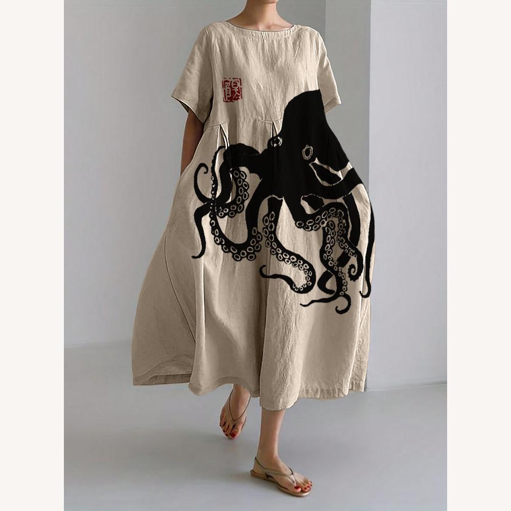 Long Women's Dress in Blended Linen with Japanese Pattern – Elegant and Comfortable for Summer, Available in S, M, L, XL