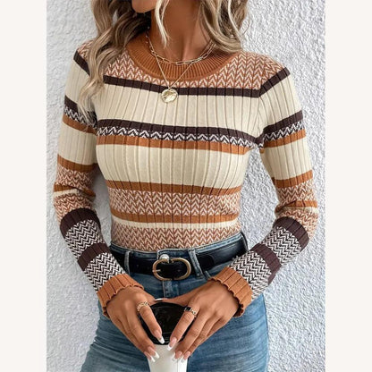 Women's Ribbed Striped Sweater Soft and Stretchy – Round Neck, Long Sleeves, Ideal for Autumn and Winter