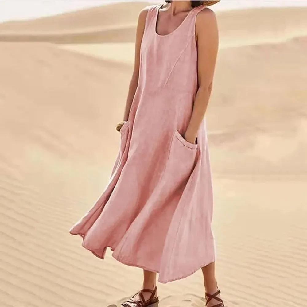 Robe Longue Femme Sans Manches en Coton et Lin avec Poches - Confort et Élégance d'Été