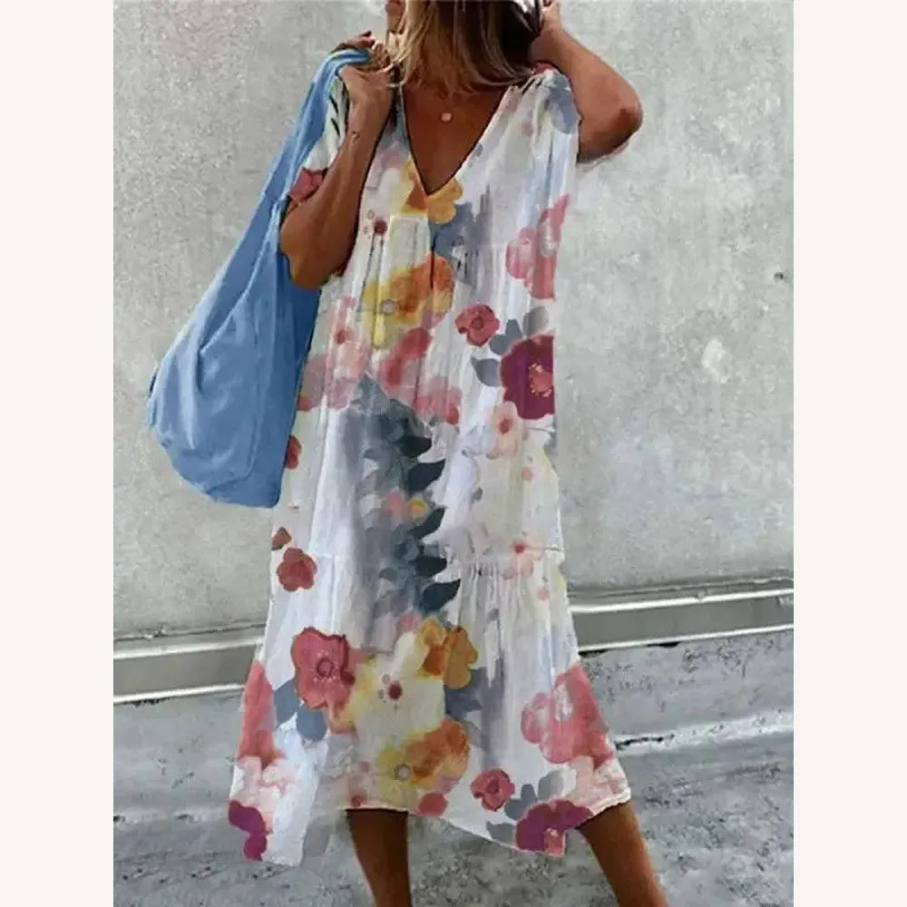 Robe de Plage Femme Boho Imprimé Floral, Col en V et Manches Courtes – Robe Légère et Confortable pour Été