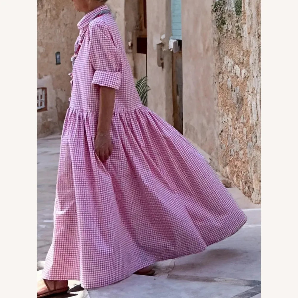 Robe Longue Femme à Manches Longues en Coton et Lin – Tissu à Carreaux Élégant et Confortable