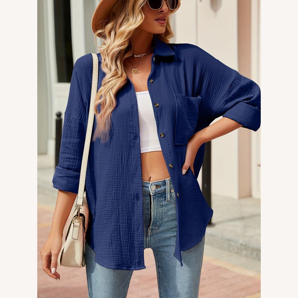 Variant image for Chemise Femme Décontractée en Coton Magenta, Manches Longues Retroussables, Texture Gaufrée-36