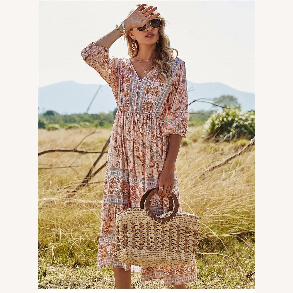 Robe Longue Femme Bohème Fluide et Légère en Viscose – Élégance Aérienne pour Été