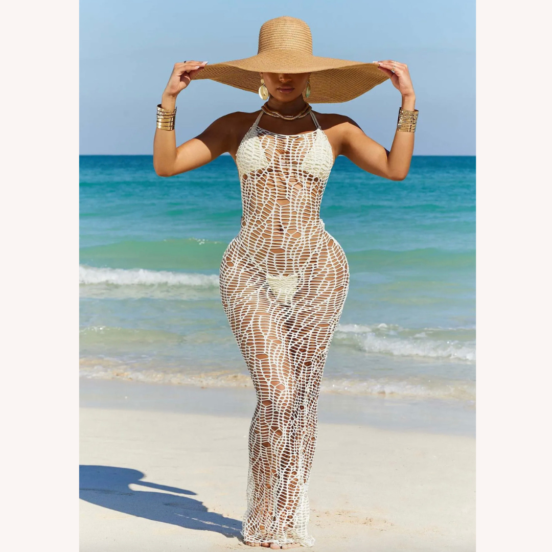 Elegant Long Women's Crochet Maxi Dress for Summer – Fitted Silhouette, Ideal for Beach and Evenings