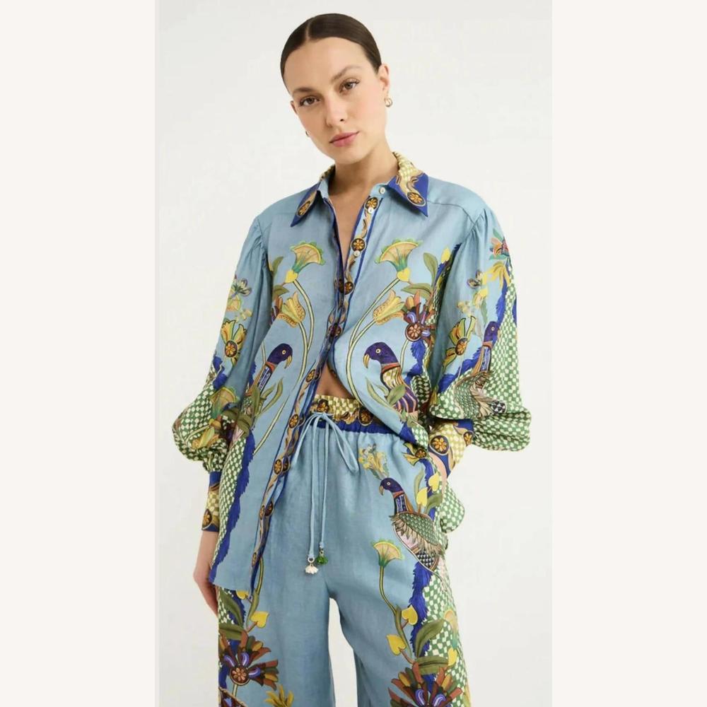 Ensemble Imprimé Paon Femme – Chemise Ample et Pantalon Large, Style Artistique et Tendance