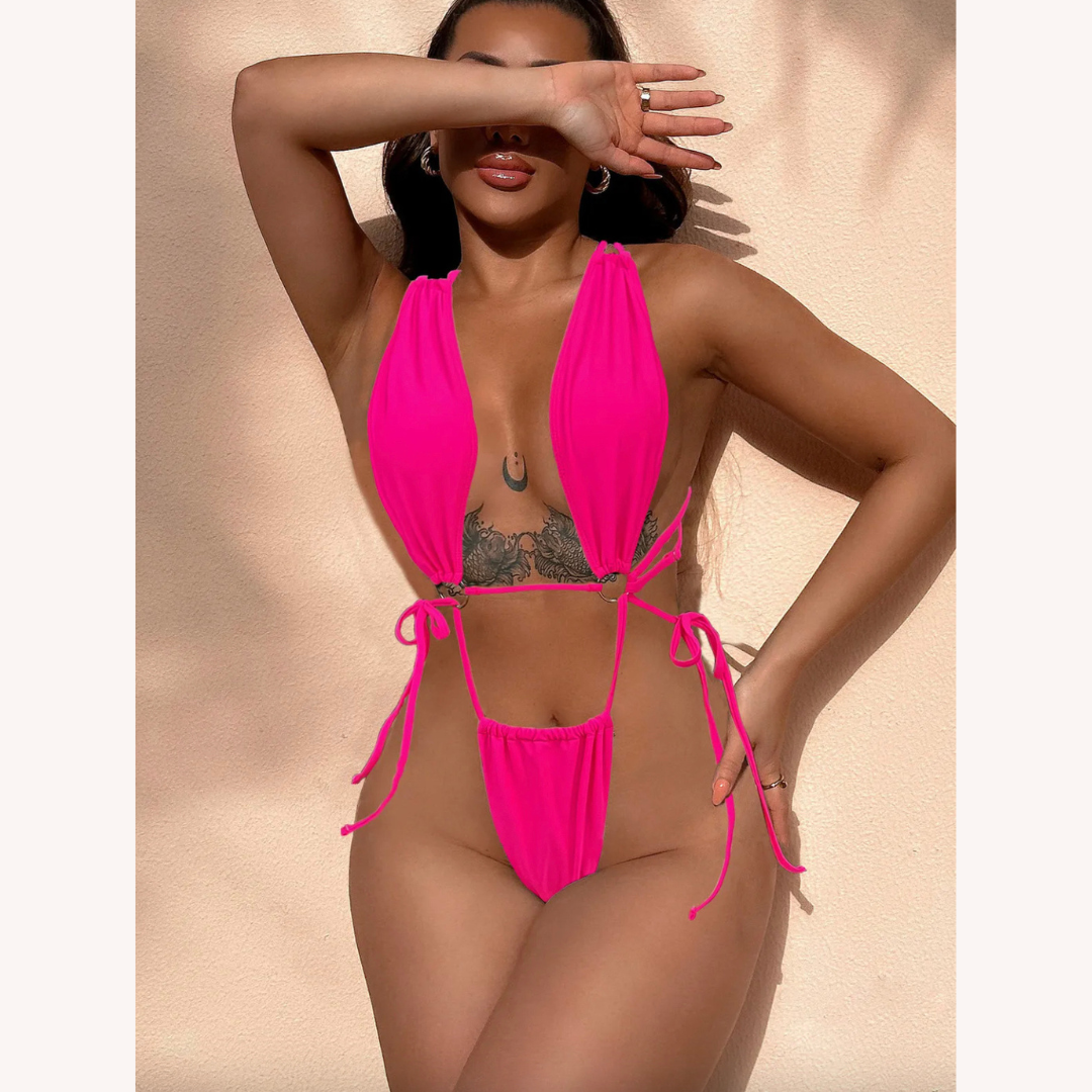 Women's One-Piece Swimsuit with Ring – Boho Style with Cutout and Crossed Back, Optimal Comfort for Beach and Pool